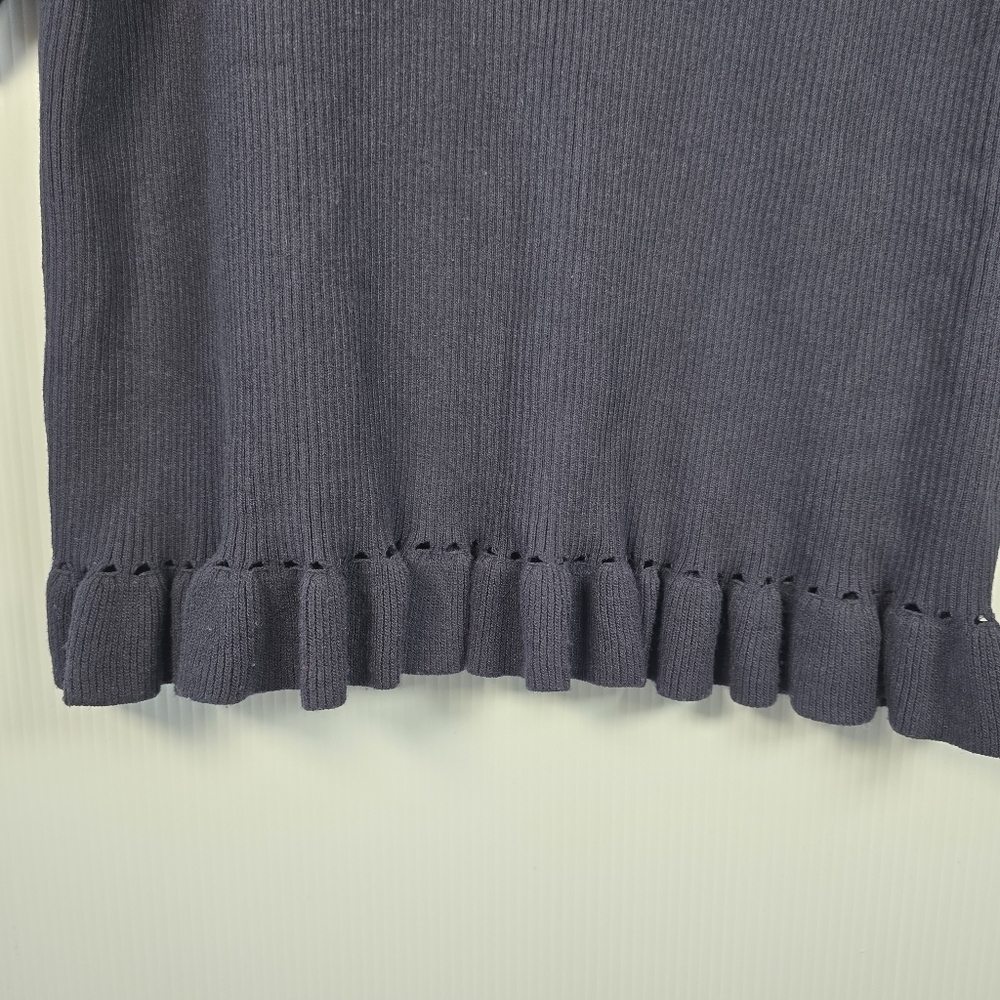 Voy Womens Navy Ribbed Short Puff Sleeve Sweater With White Bows Ruffle Size L - Picture 7 of 13